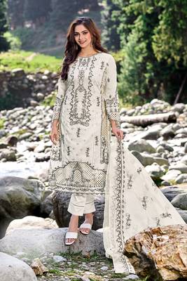 White handwork embroidery cotton straight pant - free size stitched( size upto 42") 1