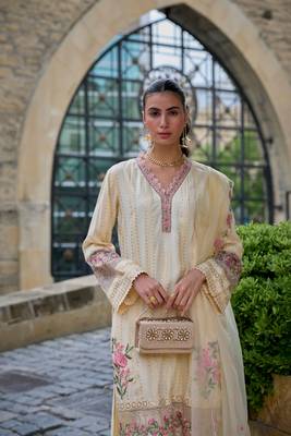 Beige handwork embroidery cotton straight pant - free size stitched( size upto 42") 2