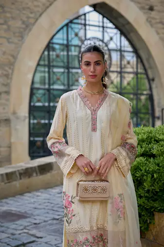Beige handwork embroidery cotton straight pant - free size stitched( size upto 42")