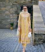 Light yellow handwork embroidery cotton straight pant - free size stitched( size upto 42")