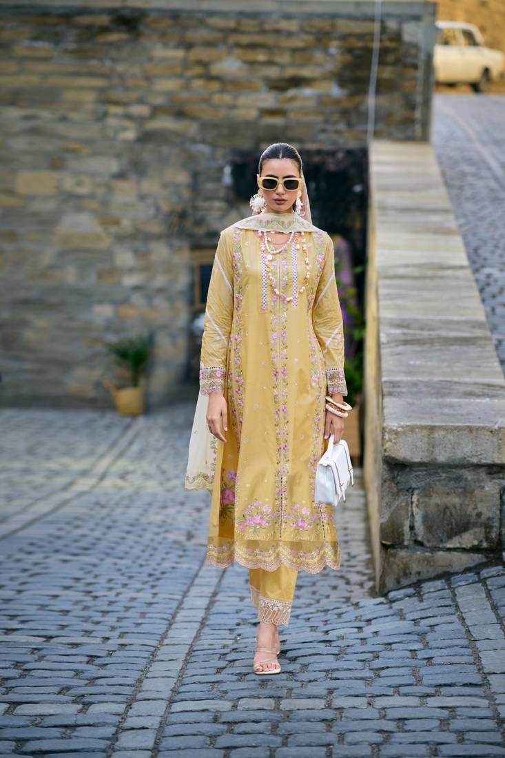 Light yellow handwork embroidery cotton straight pant - free size stitched( size upto 42")