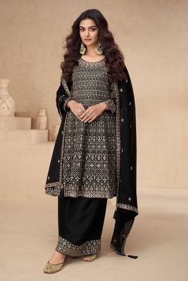 Black embroidery sequins chinon silk straight palazzo - free size stitched( size upto 42") 1