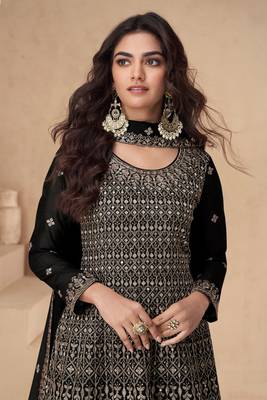 Black embroidery sequins chinon silk straight palazzo - free size stitched( size upto 42") 2