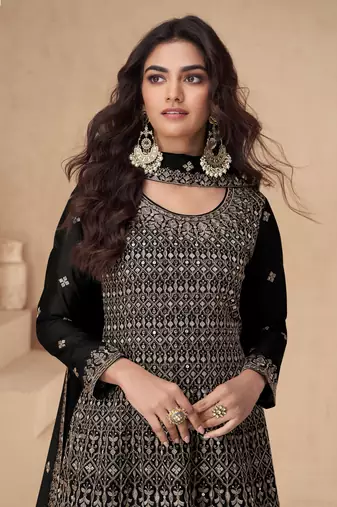 Black embroidery sequins chinon silk straight palazzo - free size stitched( size upto 42")