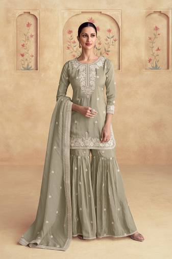 Dusty green embroidery sequins shimer silk straight sharara - free size stitched( size upto 42")
