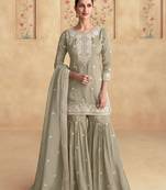 Dusty green embroidery sequins shimer silk straight sharara - free size stitched( size upto 42")