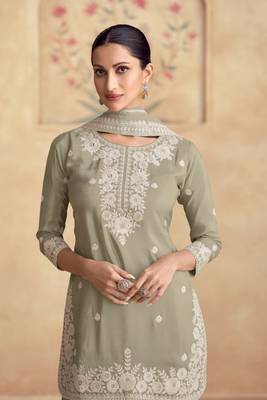 Dusty green embroidery sequins shimer silk straight sharara - free size stitched( size upto 42") 2
