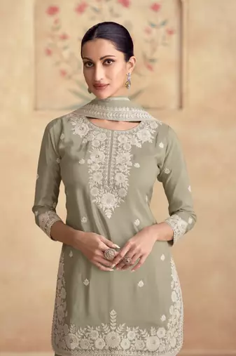 Dusty green embroidery sequins shimer silk straight sharara - free size stitched( size upto 42")