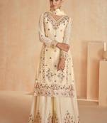 Cream embroidery sequins chinon silk straight palazzo - free size stitched( size upto 42")