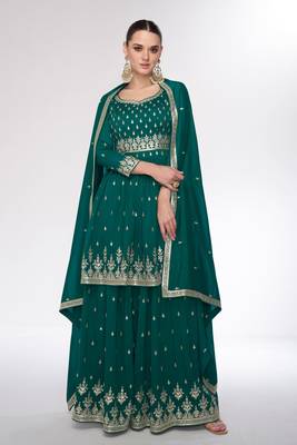 Teal green embroidery sequins silk Kurta palazzo - free size stitched( size upto 42") 1