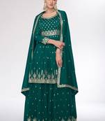 Teal green embroidery sequins silk Kurta palazzo - free size stitched( size upto 42")