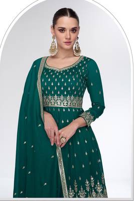Teal green embroidery sequins silk Kurta palazzo - free size stitched( size upto 42") 2