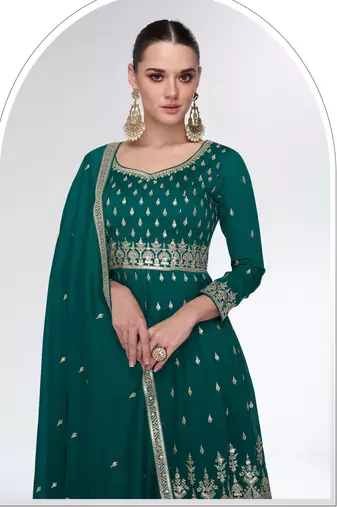 Teal green embroidery sequins silk Kurta palazzo - free size stitched( size upto 42")
