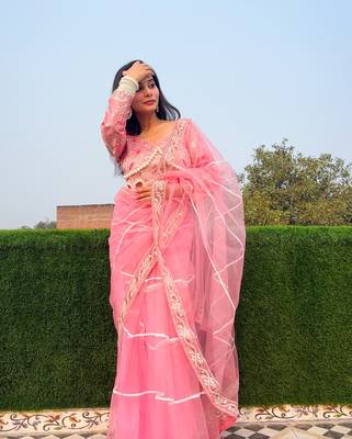 Pink net embroidery sequins hand diamond work lace border saree with unstitched blouse 1
