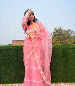 Pink net embroidery sequins hand diamond work lace border saree with unstitched blouse