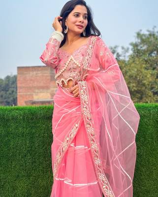 Pink net embroidery sequins hand diamond work lace border saree with unstitched blouse 2