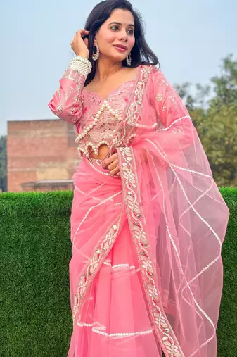 Pink net embroidery sequins hand diamond work lace border saree with unstitched blouse
