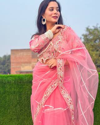Pink net embroidery sequins hand diamond work lace border saree with unstitched blouse 3