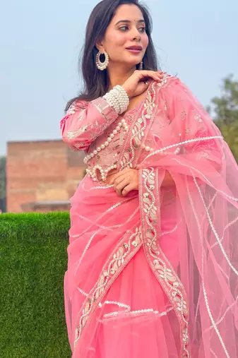 Pink net embroidery sequins hand diamond work lace border saree with unstitched blouse