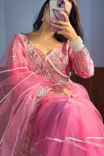 Pink net embroidery sequins hand diamond work lace border saree with unstitched blouse