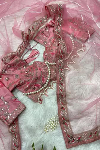 Pink net embroidery sequins hand diamond work lace border saree with unstitched blouse
