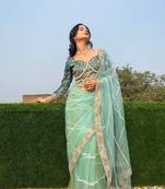 Pista butterflly net embroidery sequins hand diamond work lace border saree with unstitched blouse