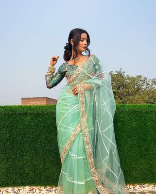Pista butterflly net embroidery sequins hand diamond work lace border saree with unstitched blouse 2