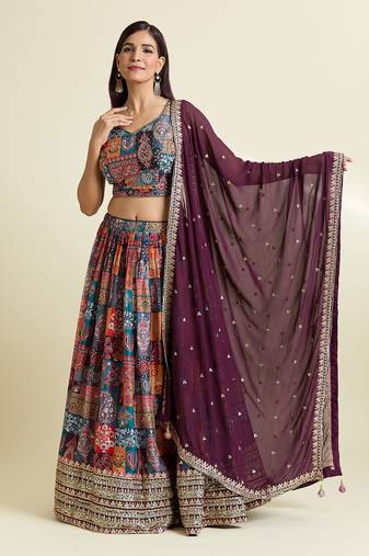 Wedding Partywear wine Slim Georgette Lehenga Choli with dupatta