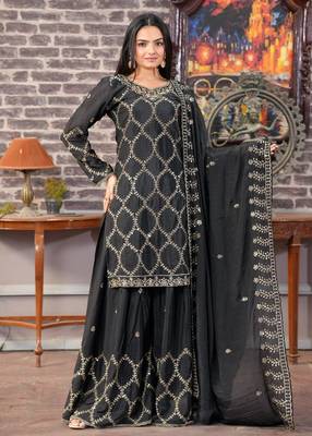 BLACK CHINON PARTY WEAR EMBROIDERY PLAZZO SUIT  2