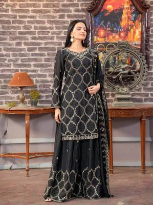 BLACK CHINON PARTY WEAR EMBROIDERY PLAZZO SUIT  3