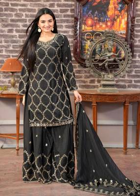 BLACK CHINON PARTY WEAR EMBROIDERY PLAZZO SUIT  1