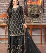 BLACK CHINON PARTY WEAR EMBROIDERY PLAZZO SUIT 