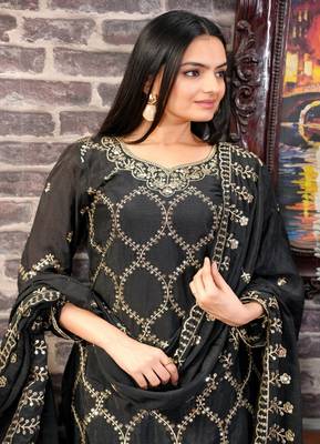 BLACK CHINON PARTY WEAR EMBROIDERY PLAZZO SUIT  4