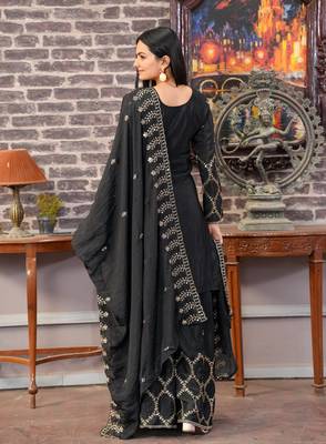 BLACK CHINON PARTY WEAR EMBROIDERY PLAZZO SUIT  5