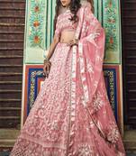 Pink Embroidery Stone Work Net Lehenga with Unstitched Blouse- Semi Stitched