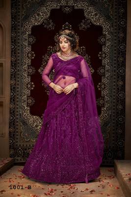 Violet Embroidery Stone Work Net Lehenga with Unstitched Blouse- Semi Stitched 1