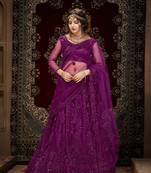 Violet Embroidery Stone Work Net Lehenga with Unstitched Blouse- Semi Stitched