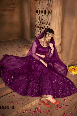 Violet Embroidery Stone Work Net Lehenga with Unstitched Blouse- Semi Stitched 2
