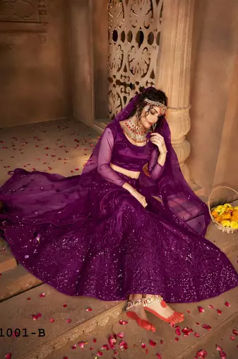 Violet Embroidery Stone Work Net Lehenga with Unstitched Blouse- Semi Stitched