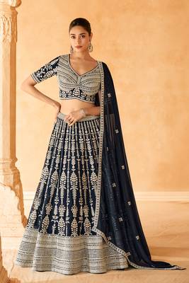 Blue Sequins Embroidery Georgette Lehenga with Blouse. - Free Size Stitched(Size upto 42") 1