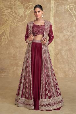 Maroon Sequins Embroidery Chinon Silk Lehenga Blouse and Jacket. - Free Size Stitched(Size upto 42") 1