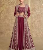 Maroon Sequins Embroidery Chinon Silk Lehenga Blouse and Jacket. - Free Size Stitched(Size upto 42")