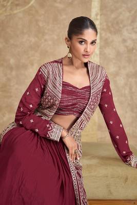 Maroon Sequins Embroidery Chinon Silk Lehenga Blouse and Jacket. - Free Size Stitched(Size upto 42") 2