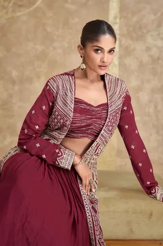 Maroon Sequins Embroidery Chinon Silk Lehenga Blouse and Jacket. - Free Size Stitched(Size upto 42")