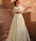 White Sequins Embroidery Georgette Lehenga with Blouse. - Free Size Stitched(Size upto 42")
