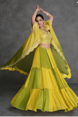 Yellow Sequins Embroidery, Mirror Georgette Lehenga, Blouse and Jacket. - Free Size Stitched(Size upto 42") 1