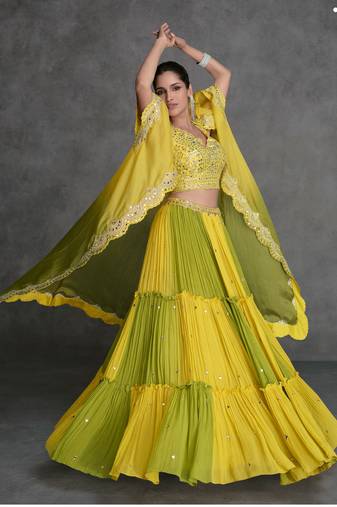 Yellow Sequins Embroidery, Mirror Georgette Lehenga, Blouse and Jacket. - Free Size Stitched(Size upto 42")