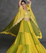 Yellow Sequins Embroidery, Mirror Georgette Lehenga, Blouse and Jacket. - Free Size Stitched(Size upto 42")