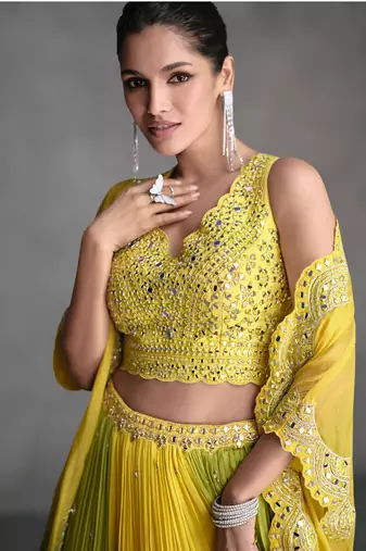 Yellow Sequins Embroidery, Mirror Georgette Lehenga, Blouse and Jacket. - Free Size Stitched(Size upto 42")