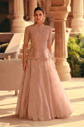 Light Pink Embroidery Organza Silk Lehenga with Blouse. - Free Size Stitched(Size upto 42")